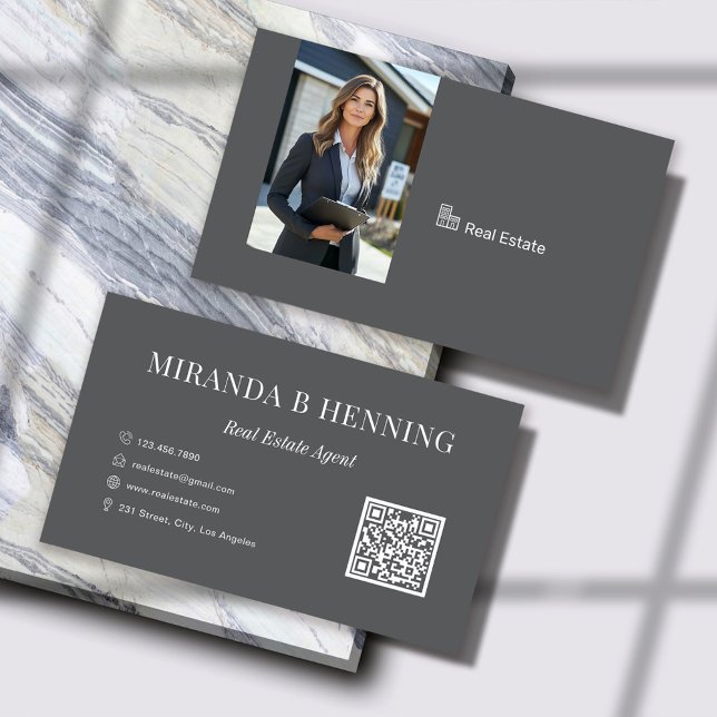 Dark Grey Real Estate Agent Photo QR Code Business Card (Creator Uploaded)