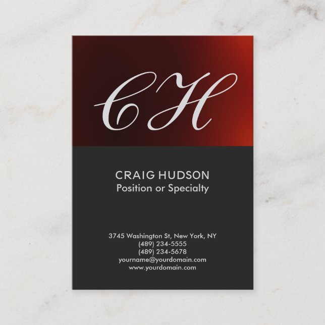 Dark Grey Red Monogram Professional Business Card (Front)