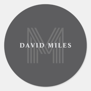 Dark Grey Retro Modern Monogrammed Name Classic Round Sticker