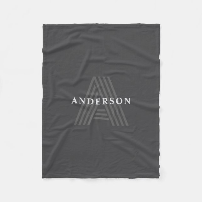 Dark Grey Retro Modern Monogrammed Name Fleece Blanket (Front)