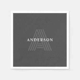 Dark Grey Retro Modern Monogrammed Name Napkin