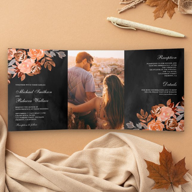 Dark Grey Rustic Earthy Terracotta Floral Wedding Tri-Fold Invitation (Creator Uploaded)
