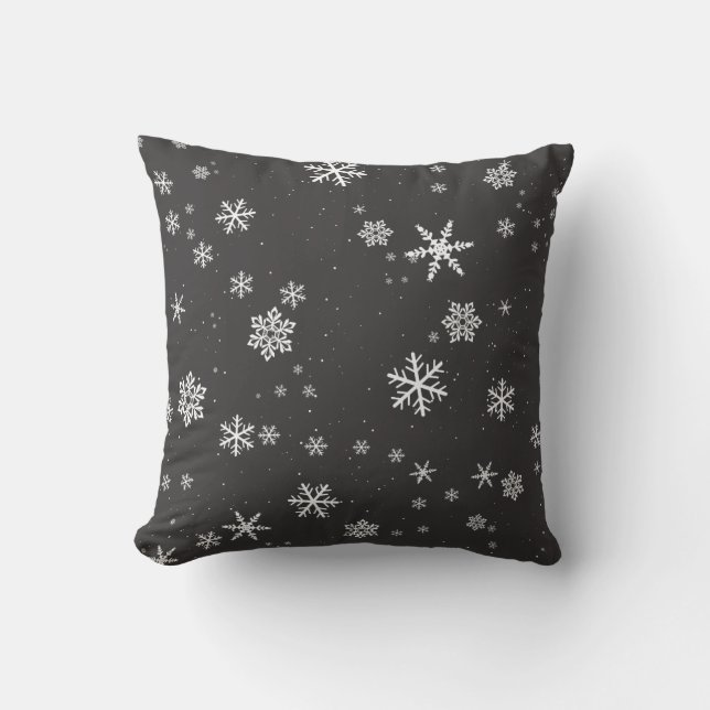 Dark Grey Snowflake Pattern Winter Holiday Cushion (Front)