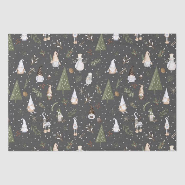 Dark Grey Snowy Forest Christmas Gnomes Pattern Tissue Paper (Front)
