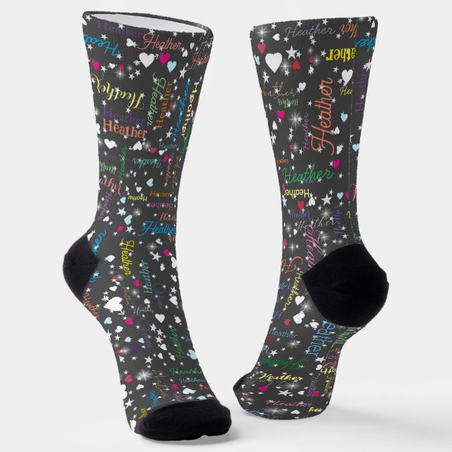 Dark Grey Socks Full of Names Hearts and Stars (Angled)