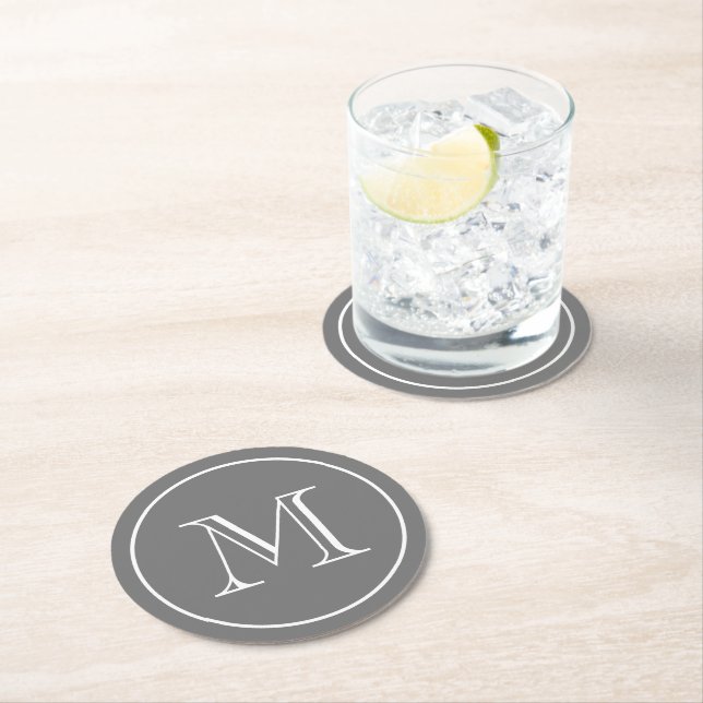 Dark Grey Solid Colour Custom Monogram Round Paper Coaster (Insitu)