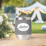 Dark Grey Stylised Wedding Groomsman Name<br><div class="desc">Gift your wedding groomsman with this trendy and personalised, stainless steel wine tumbler with his name in stylised script inside a white, oval design. Background colour and script is a dark grey. Personalise your wine tumbler by editing and replacing name with desired name. Available in many, popular wedding colour schemes....</div>