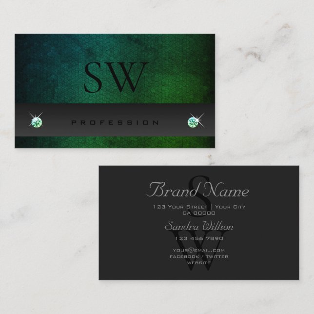 Dark Grey Teal Green Gradient Pattern and Monogram Business Card (Front/Back)