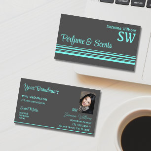 Dark Grey Teal Stripes with Monogram and Photo Business Card