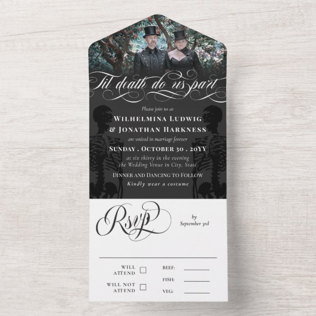 Dark Grey Til Death Do Us Party Goth Wedding Photo All In One Invitation (Inside)