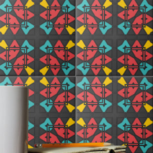 Dark Grey Turquoise Red Yellow Abstract Geometric Tile