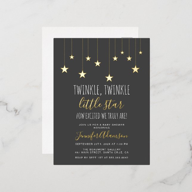 Dark Grey Twinkle Little Star Baby Shower Foil Invitation Postcard (Front/Back)