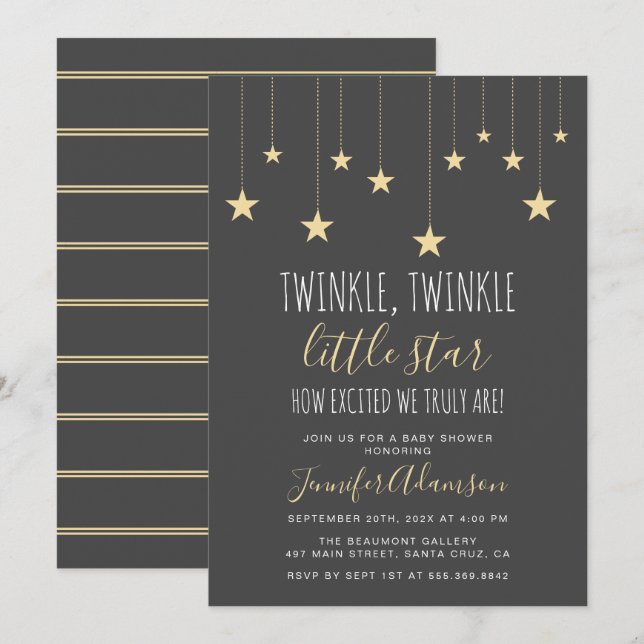 Dark Grey Twinkle Little Star Baby Shower Invitation (Front/Back)