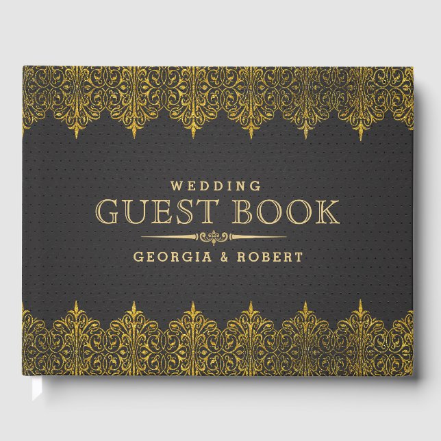 Dark Grey Vintage Leather Gold Frame Guest Book (Front)