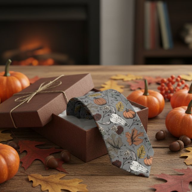 Dark Grey Western Bull Skull Country Tie (Dark Gray Skull Fall Harvest Thanksgiving Tie for Him. Skulls, Burnt Orange Pumpkins, Autumn Leaves)