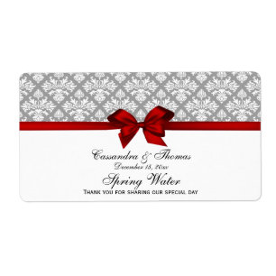 Dark Grey White Damask Water Label With Red Bow