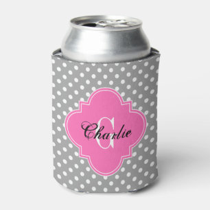 Dark Grey White Dots Hot Pink Quat Name Initial Can Cooler
