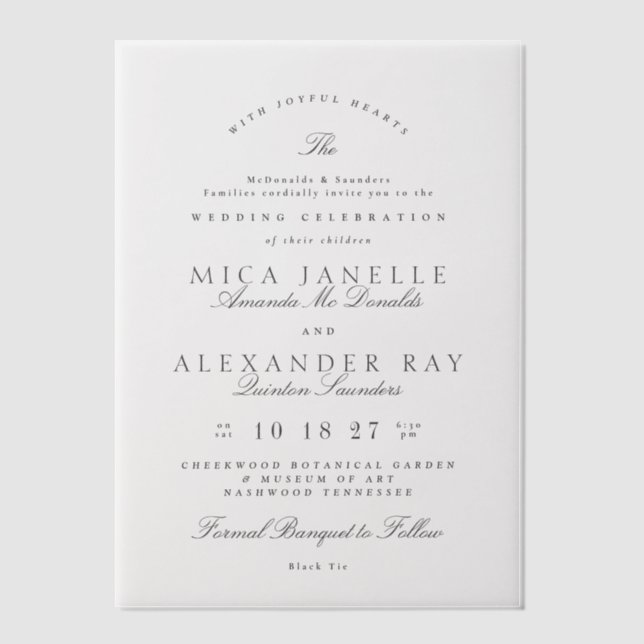 Dark Grey White Elegant Calligraphy Formal Wedding Vellum Invitations (Front)