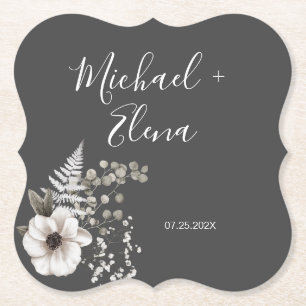Dark Grey & White Floral Wedding   Paper Coaster