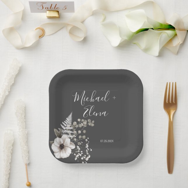 Dark Grey & White Floral Wedding Paper Plate (Wedding)