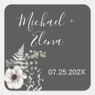 Dark Grey & White Floral Wedding  Square Sticker