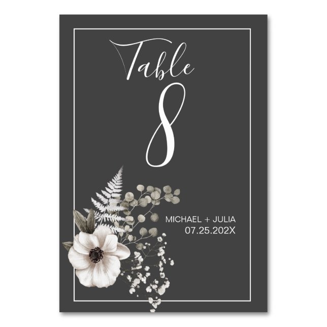 Dark Grey & White Floral Wedding  Table Number (Front)