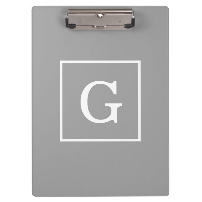 Dark Grey White Framed Initial Monogram Clipboard (Front)
