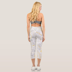 Dark grey white gold foil marble pattern capri leggings