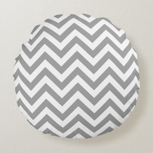 Dark Grey White Large Chevron ZigZag Pattern Round Cushion (Front)