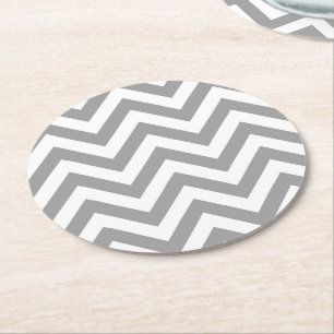 Dark Grey White Large Chevron ZigZag Pattern Round Paper Coaster