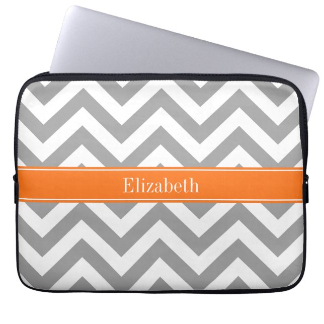 Dark Grey White LG Chevron Pumpkin Name Monogram Laptop Sleeve (Front)
