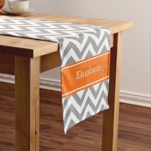 Dark Grey White LG Chevron Pumpkin Name Monogram Short Table Runner