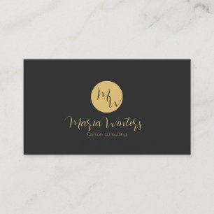 Dark- grey & white modern monogram, gold accent business card