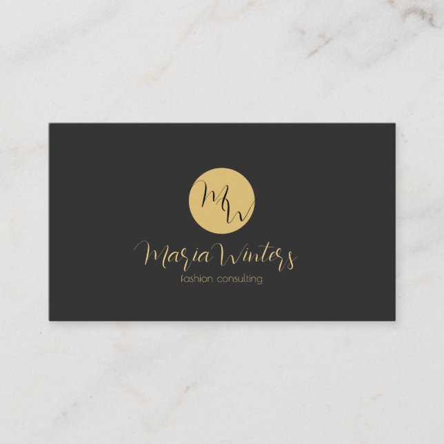 Dark- grey & white modern monogram, gold accent business card (Front)
