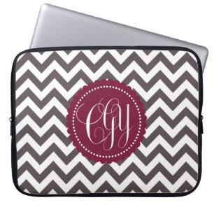 Dark Grey White Monogram Chevron Pattern Laptop Sleeve