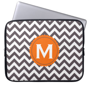 Dark Grey White Monogram Chevron Pattern Laptop Sleeve