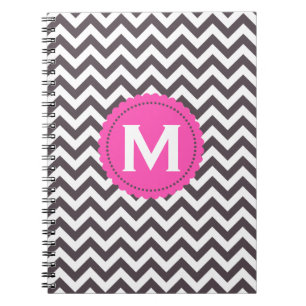 Dark Grey White Monogram Chevron Pattern Notebook