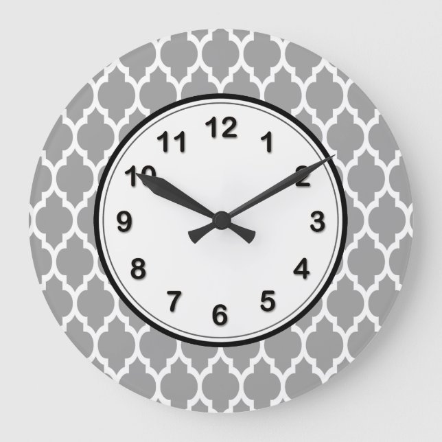 Dark Grey White Moroccan Quatrefoil Pattern #4 Large Clock (Front)