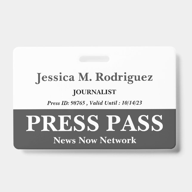 Dark Grey & White Press Pass Badge ID Badge (Front)