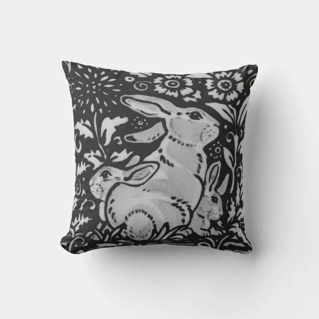 Dark Grey White Rabbit Mother & Babies Chinoiserie Cushion (Front)