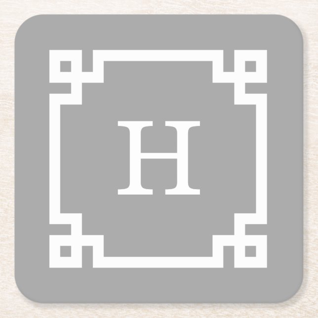 Dark Grey Wht Greek Key Frame #2 Initial Monogram Square Paper Coaster (Front)