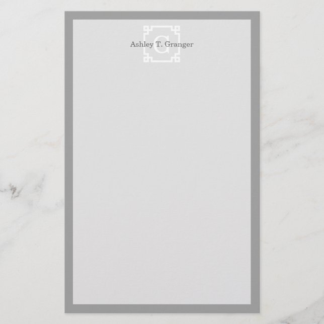 Dark Grey Wht Greek Key Frame #2 Initial Monogram Stationery (Front)