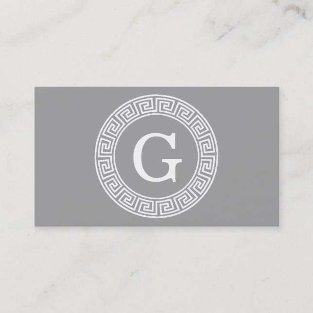 Dark Grey Wht Greek Key Rnd Frame Initial Monogram Business Card (Front)