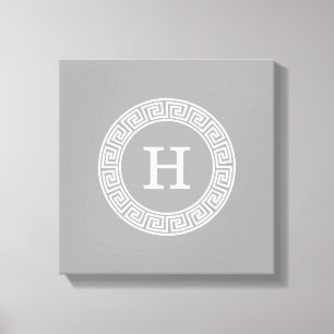 Dark Grey Wht Greek Key Rnd Frame Initial Monogram Canvas Print