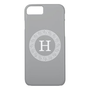 Dark Grey Wht Greek Key Rnd Frame Initial Monogram iPhone 8/7 Case