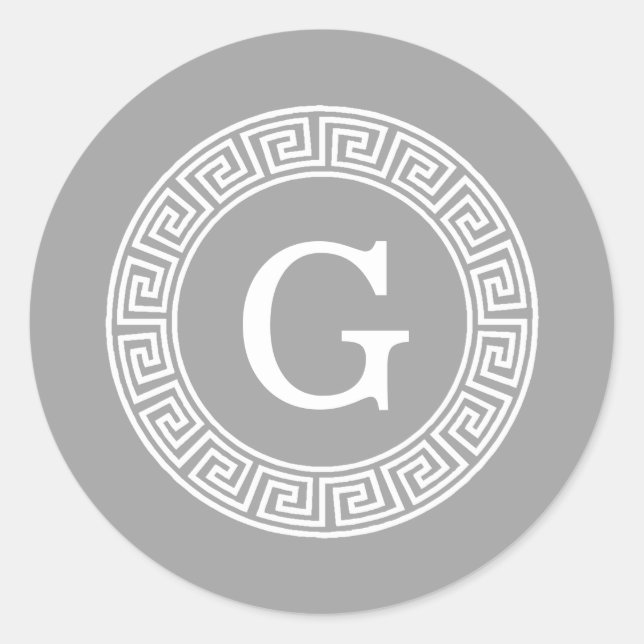 Dark Grey Wht Greek Key Rnd Frame Initial Monogram Classic Round Sticker (Front)