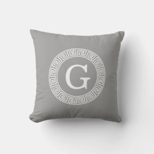 Dark Grey Wht Greek Key Rnd Frame Initial Monogram Cushion