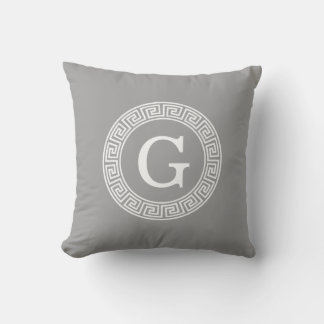 Dark Grey Wht Greek Key Rnd Frame Initial Monogram Cushion