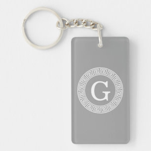 Dark Grey Wht Greek Key Rnd Frame Initial Monogram Key Ring
