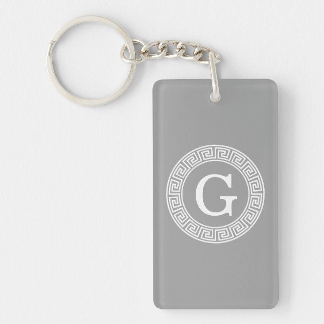 Dark Grey Wht Greek Key Rnd Frame Initial Monogram Key Ring (Front)